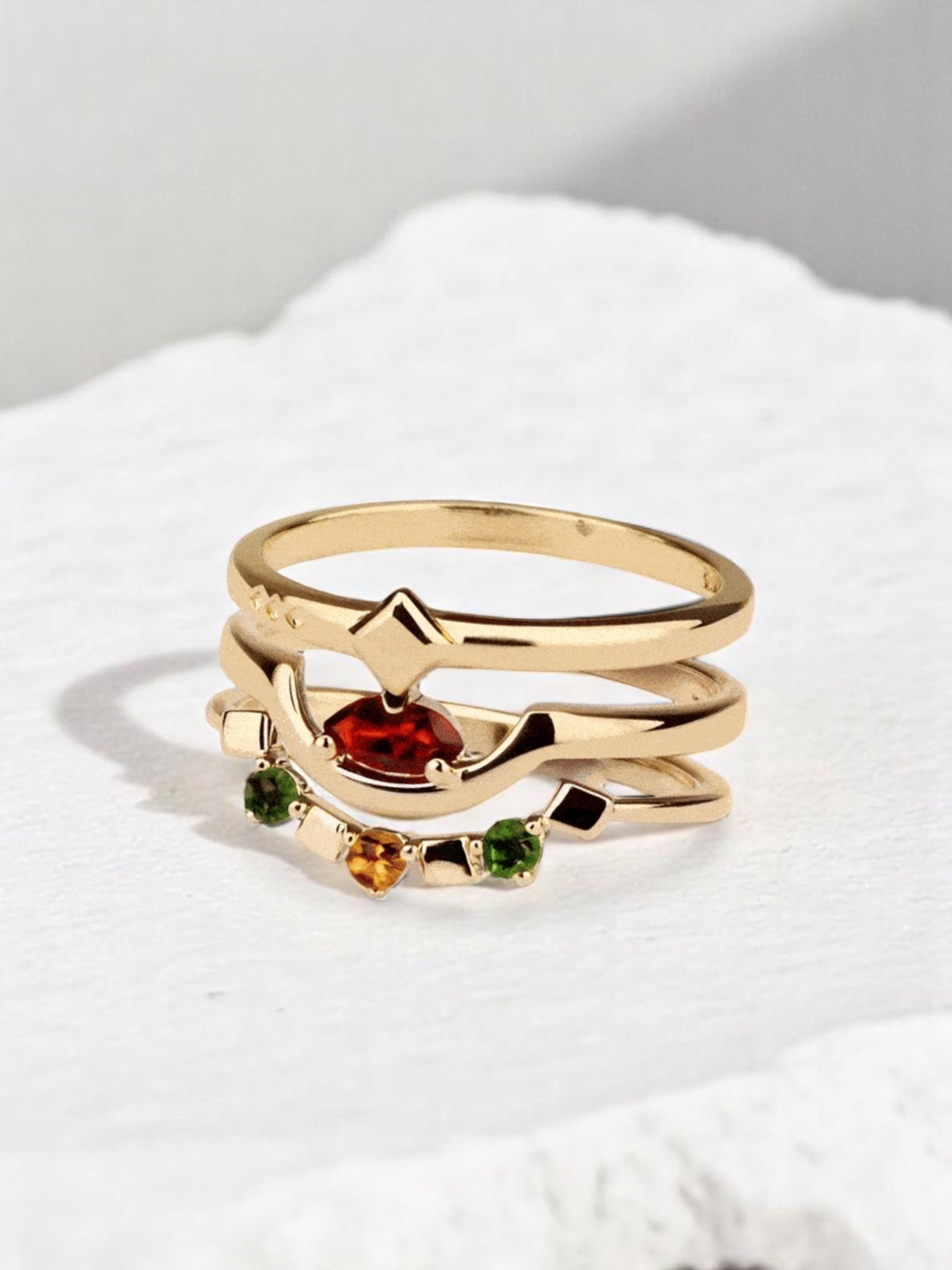 Stapelringe Gold - Citrin Ring Gold, Chromdiopsid Ring Gold, Roter Granat - Daring Triad Ring Gold