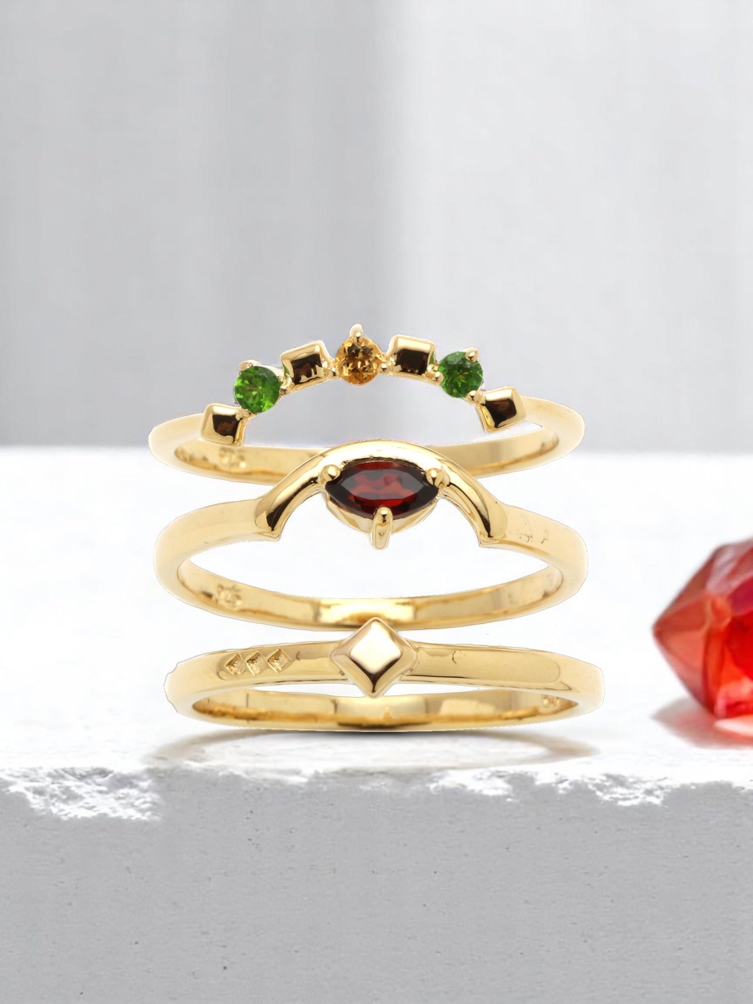 Stapelringe Gold - Citrin Ring Gold, Chromdiopsid Ring Gold, Roter Granat - Daring Triad Ring Gold